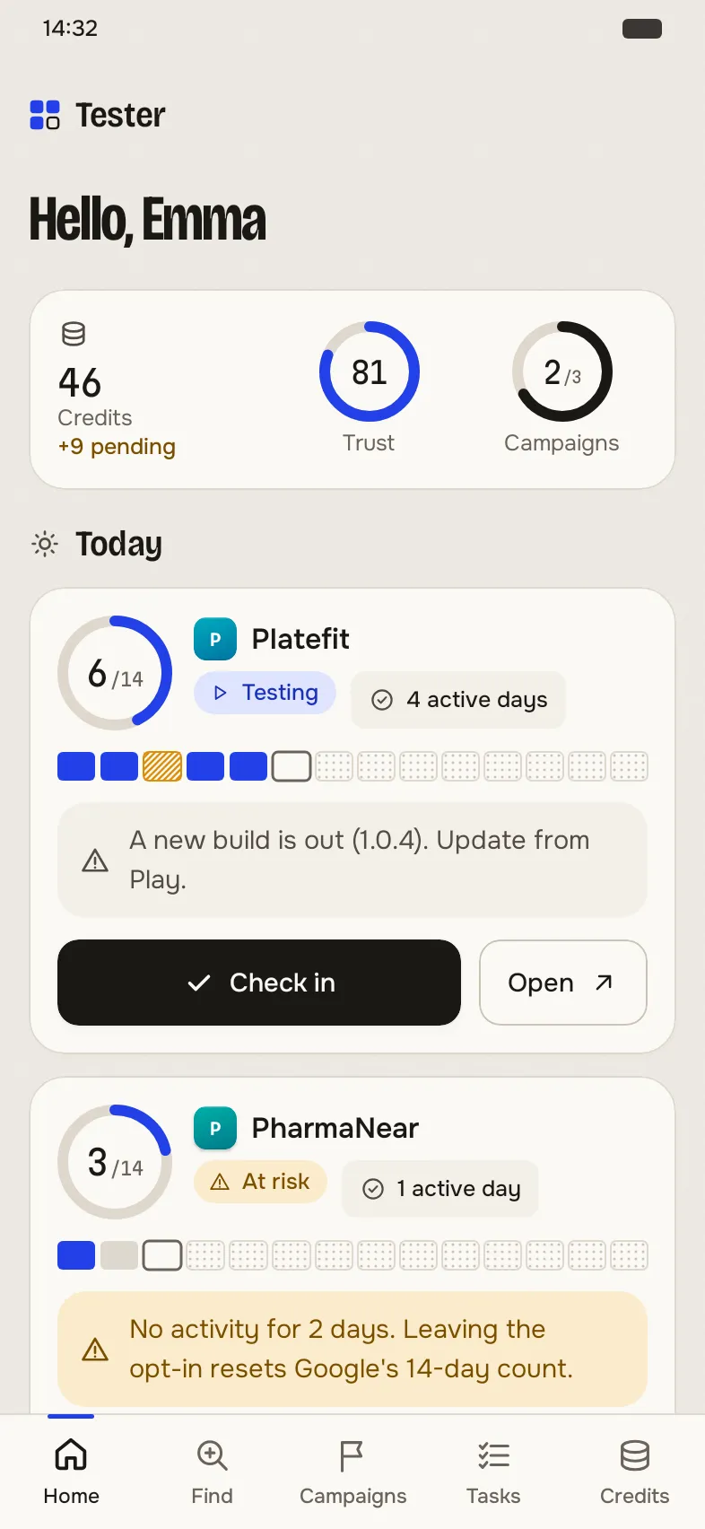 Android app home screen: today’s tests